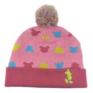Walt Disney World Resort Mickey Mouse Pink Knit Pom Beanie Hat RARE